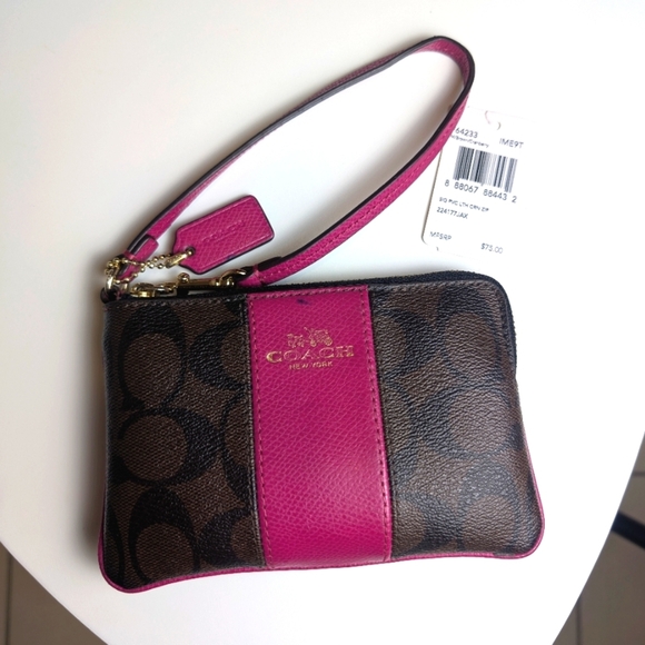 Coach Signature Brown & Fuchsia Zip Wristlet Clutch - Picture 1 of 6